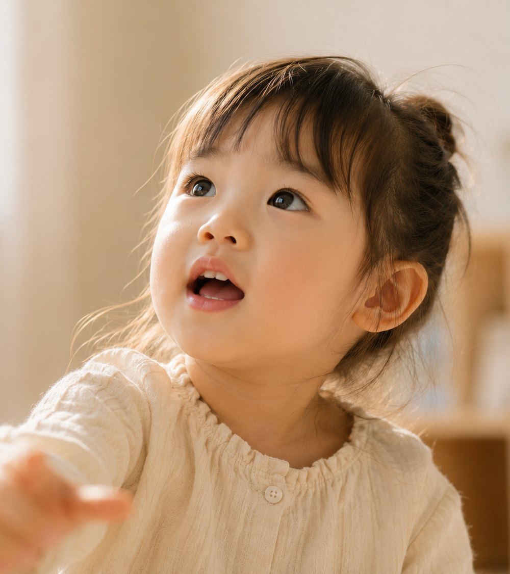 A happy young child looking up, mid-conversation
