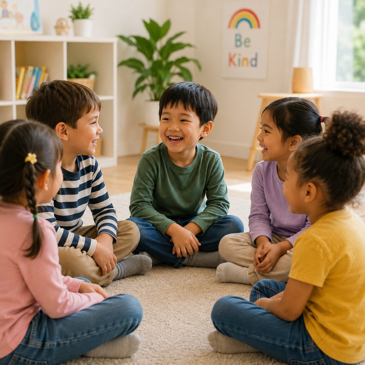 A small group of children sitting in a circle, laughing and talking together